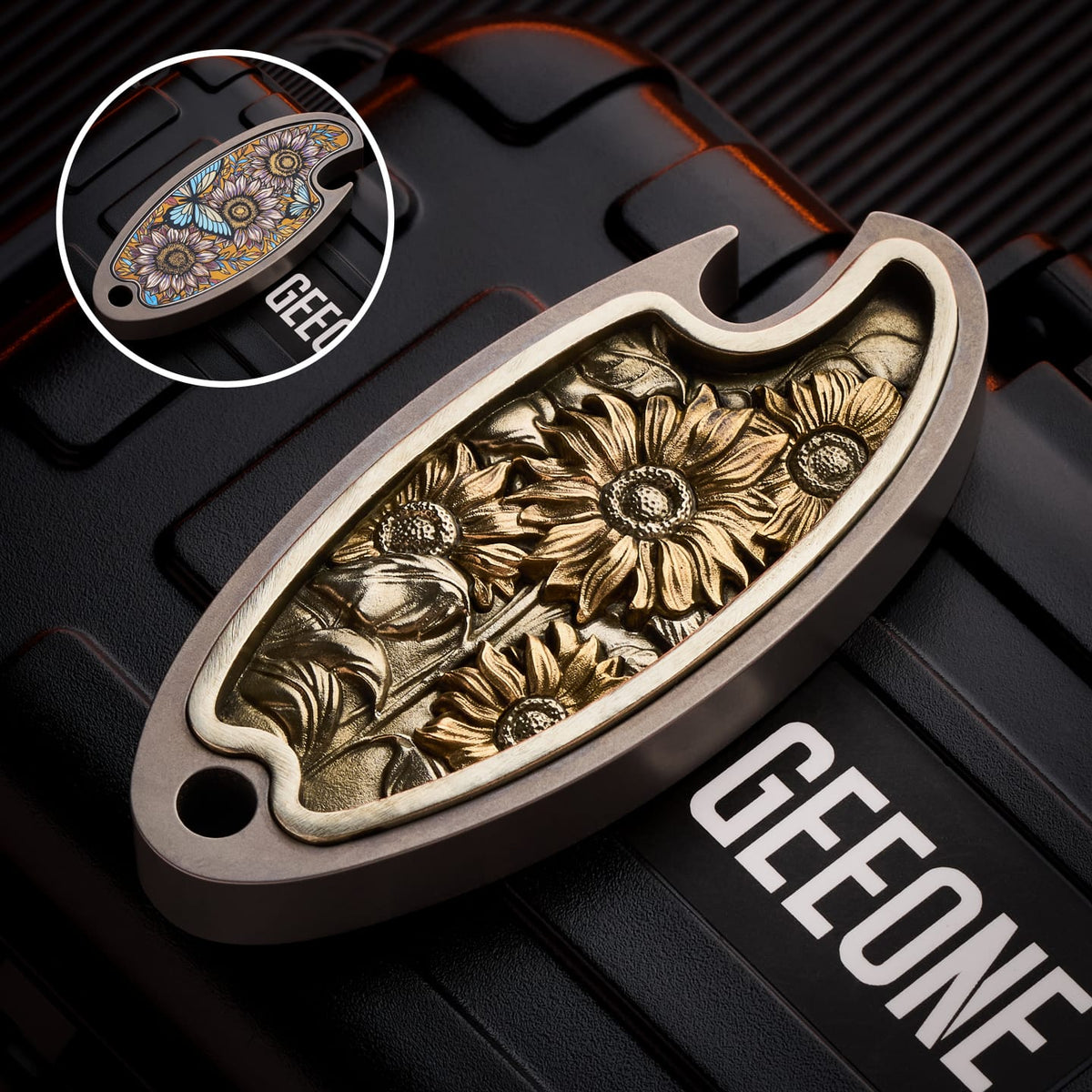 EZ EDC Multi Tool Sunflower Bottle Opener Brass engraving/Titanium